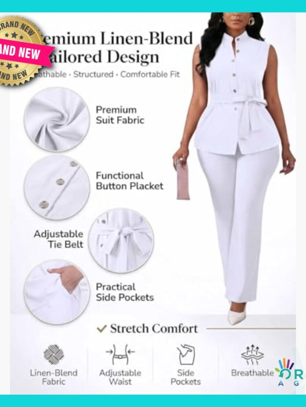 Women's Two Piece Pant Suit Set Sleeveless Belted Button Down Shirt Flare Leg - Picture 6 of 7